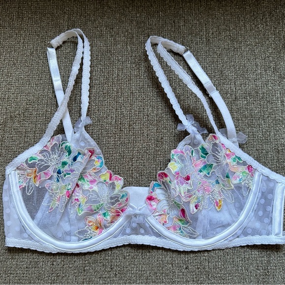 For Love and Lemons Bra White Lace Strappy Multi-colored Flowers Small - Picture 1 of 6